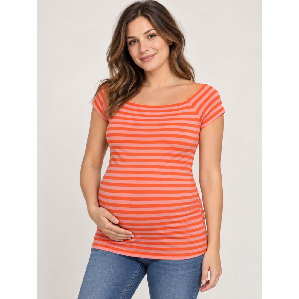 Motherhood Maternity Coral Pink Striped Short Sleeve Boat Neck Top L